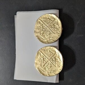 Vintage Gold Tone Faux Coin Dubloon Clip On Statement Earrings